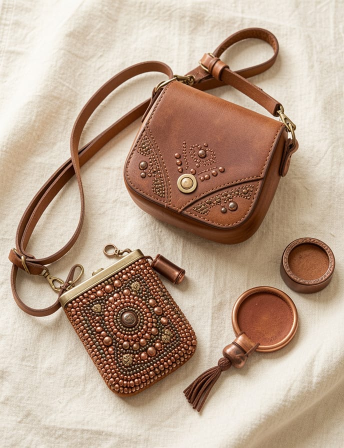 Handcrafted leather accessories with beadwork detail