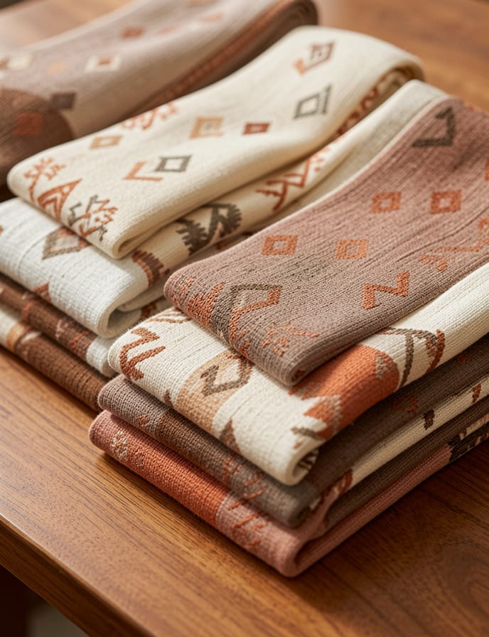 Folded artisan clothing in warm earth tones