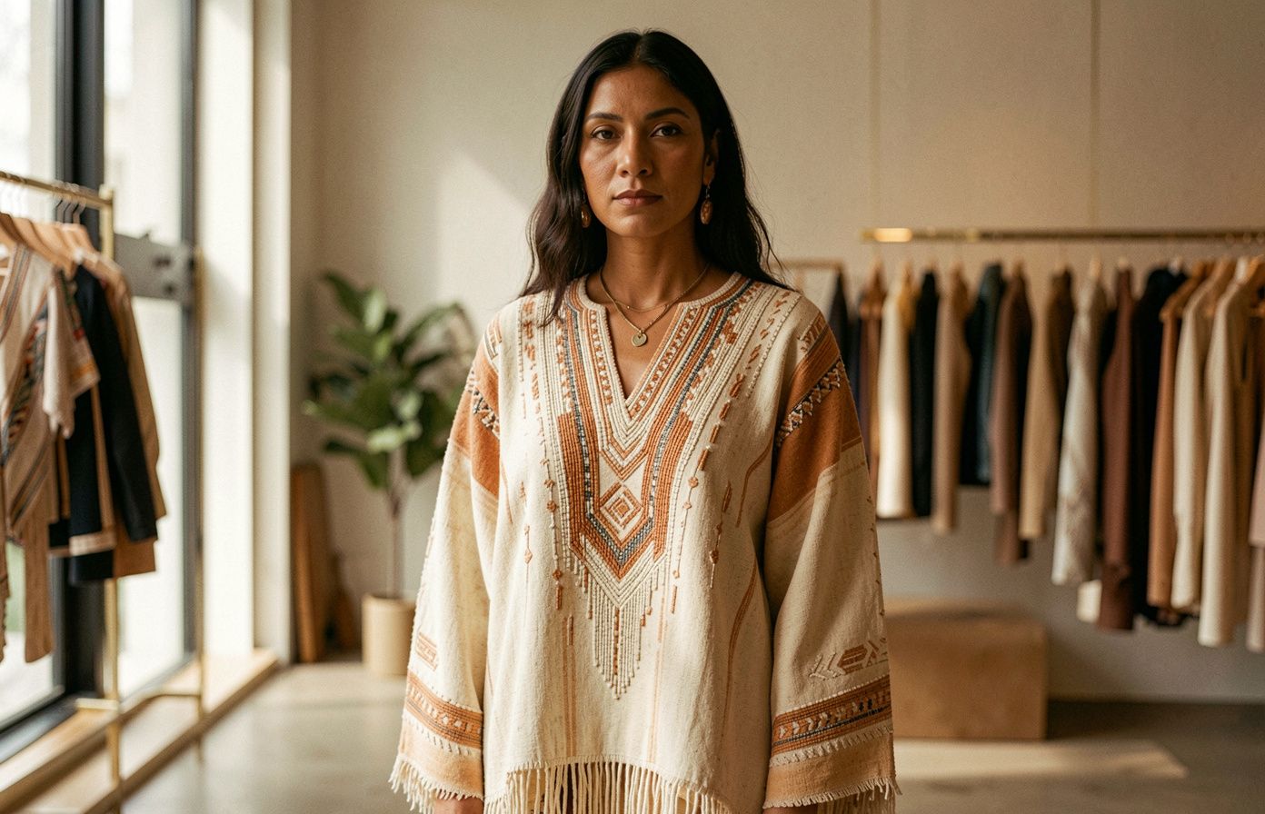 Editorial portrait wearing contemporary Indigenous-designed clothing