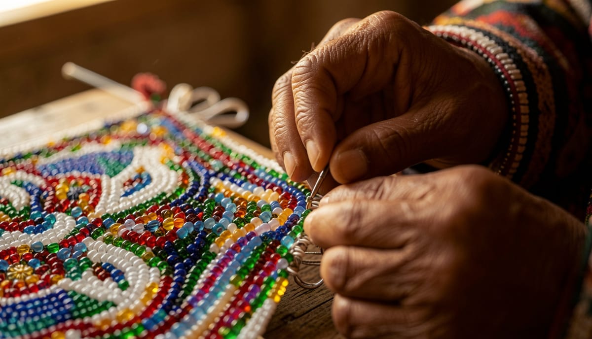 Close-up of Native artist's hands working on beadwork