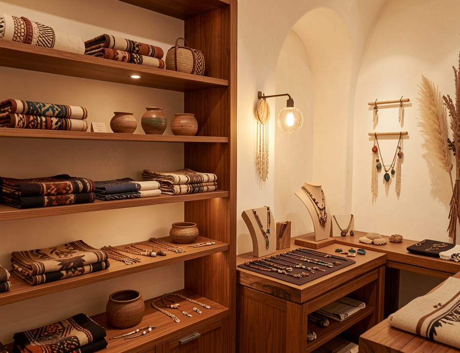 Inside Indigenous Chic boutique — curated display of Native-made goods