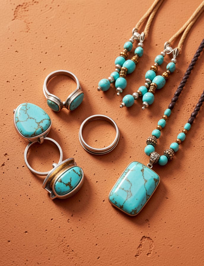 Native-made jewelry — turquoise, silver, beadwork